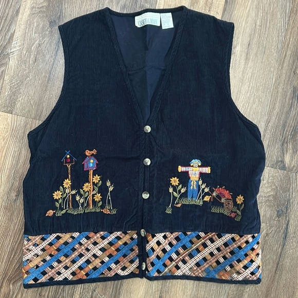 Vintage Casey & Max vest with fall pumpkin scarecrow designs size Large navy - Picture 1 of 10